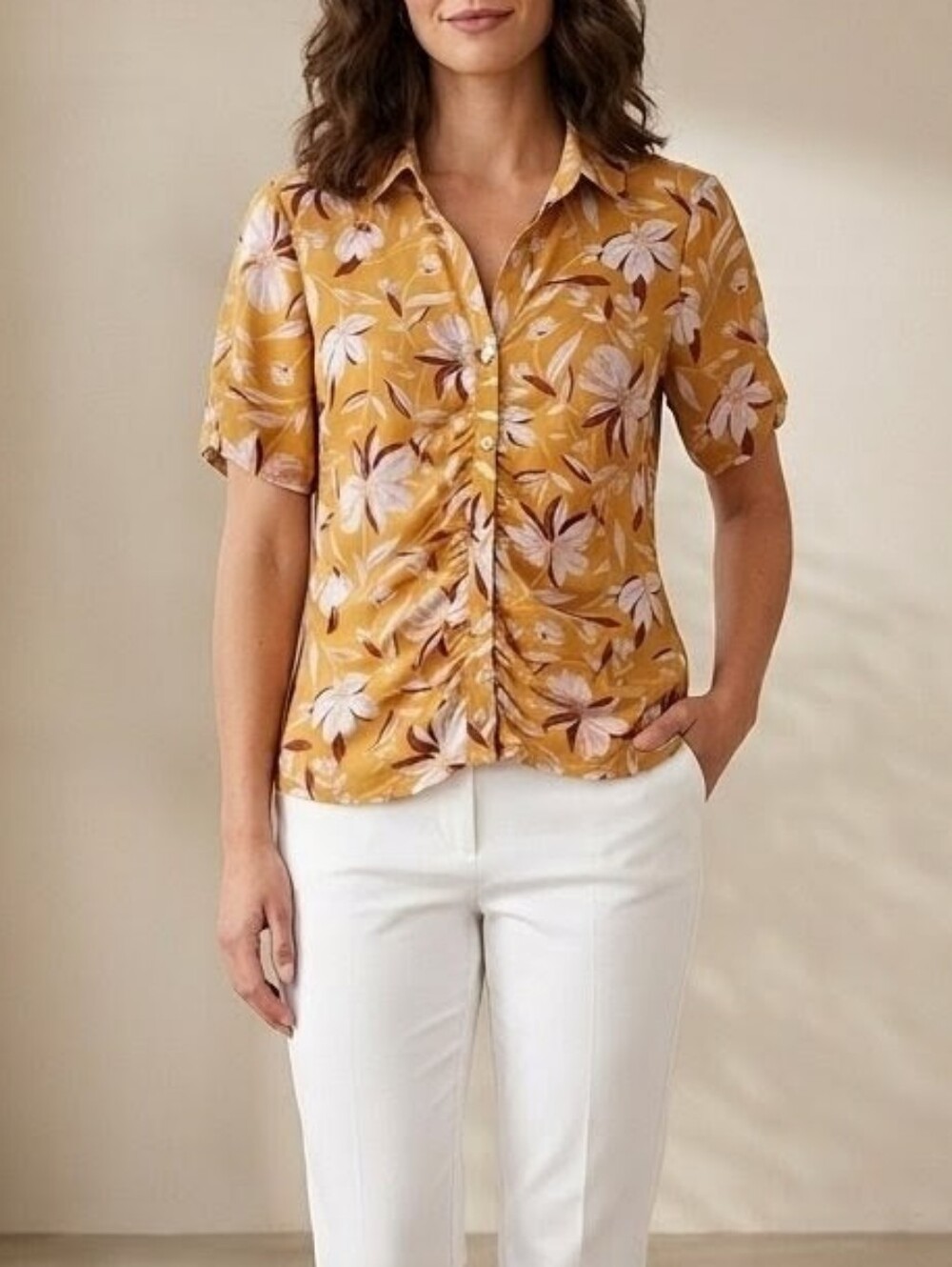 AUW Mustard, White, And Burgundy Floral Blouse